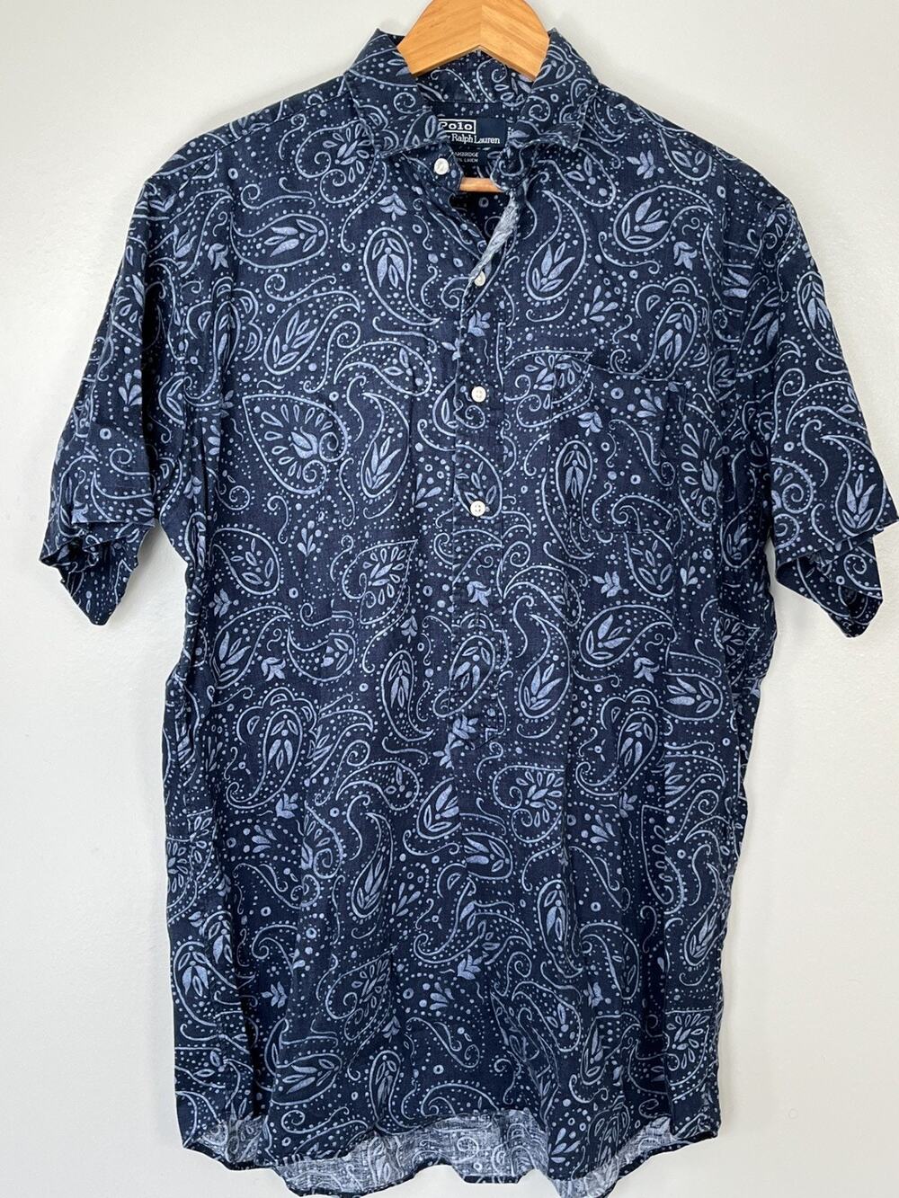 Polo Ralph Lauren Cambridge Linen Shirt Mens M Blue Paisley Short Sleeve